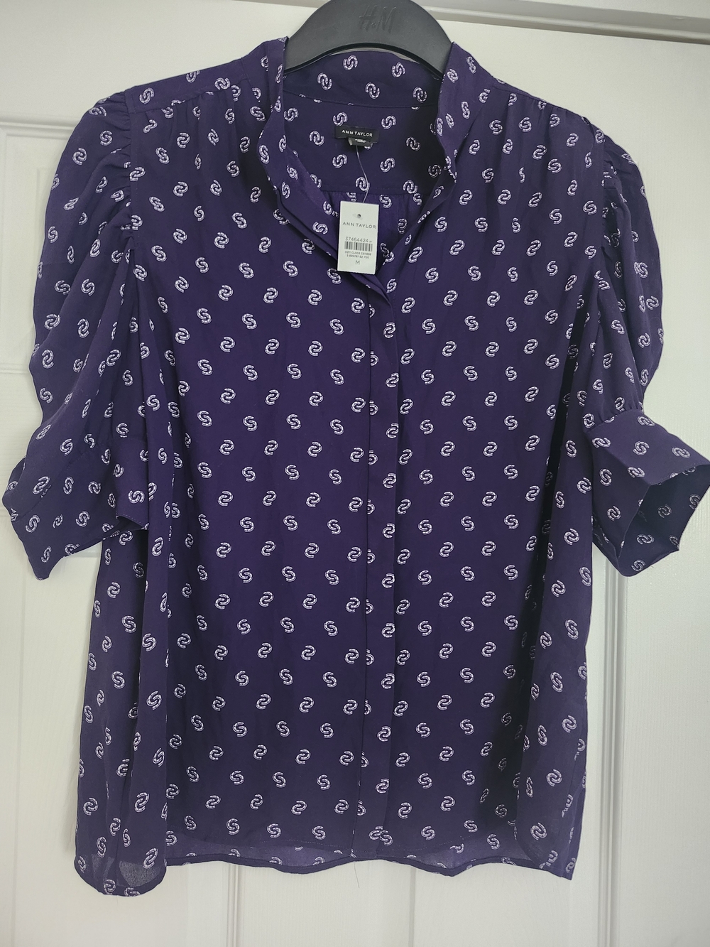 Ann Taylor Deep Purple Short-Sleeve Printed Blouse